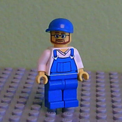 LEGO Minifigure-Overalls Blue over V-Neck Shirt, Blue Legs, Blue Short Bill Cap, Beard and Glasses-Town / City-CTY268-Creative Brick Builders
